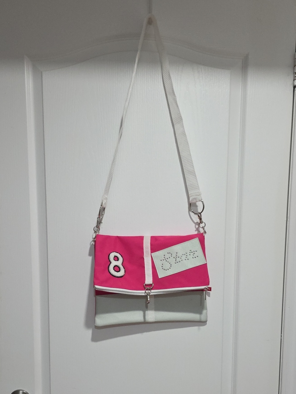 Mexx Pink and White Crossbody Bag with '8' Patch